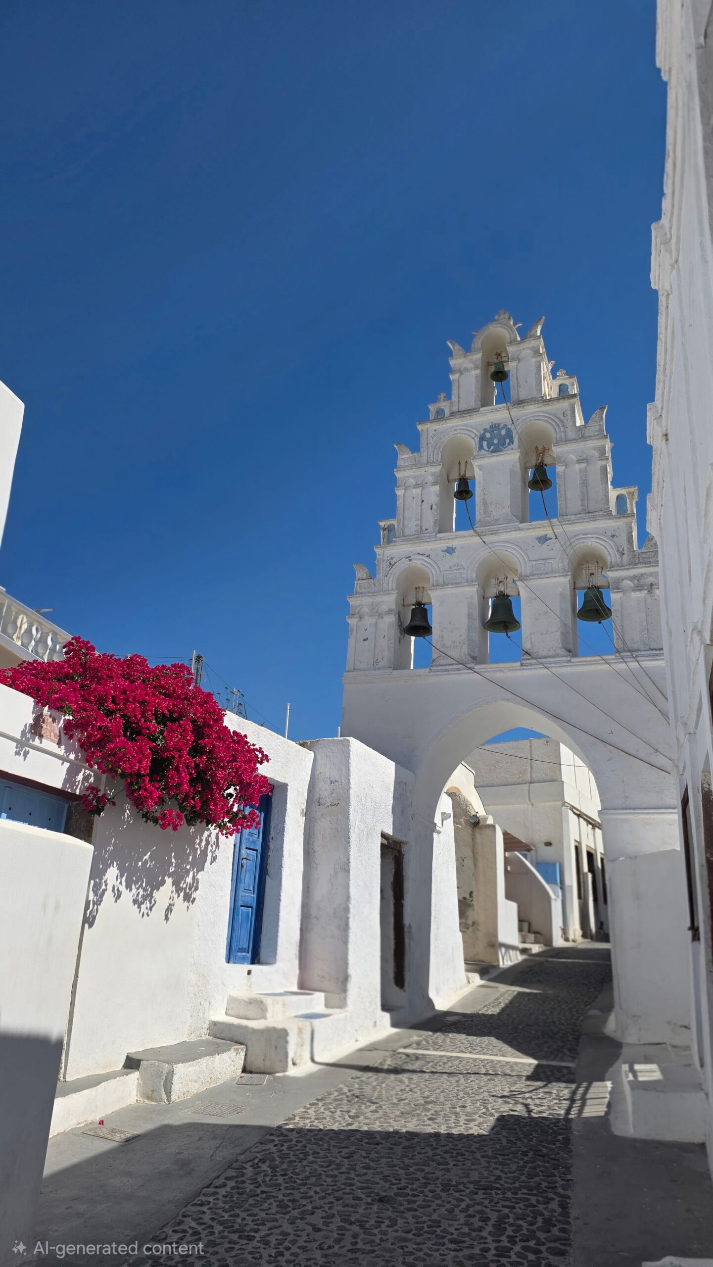 A whitewashed 6-bell tower in Megalochori