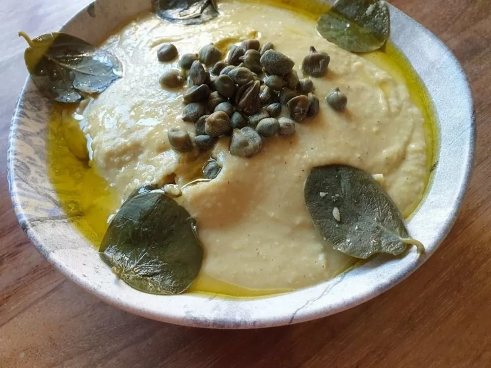 Santorini Fava served with capers and caper leaves