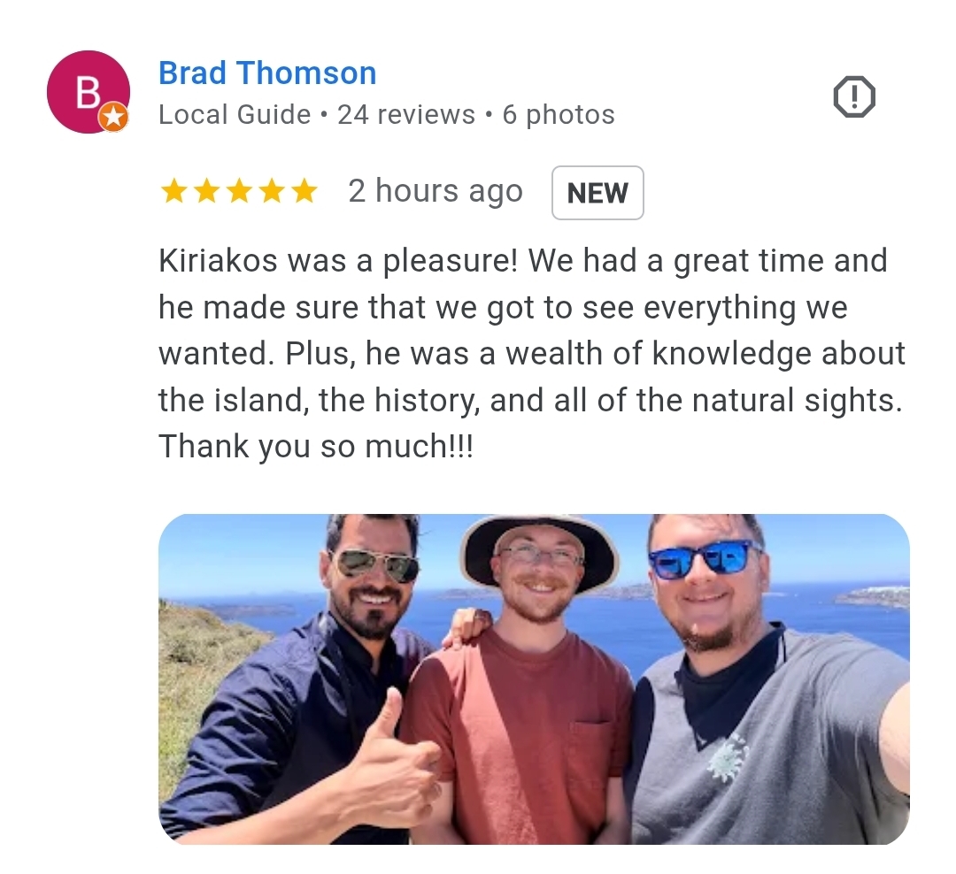 5-star Local Guide review by a traveler named Brad who had a great time touring with Santorini Experts