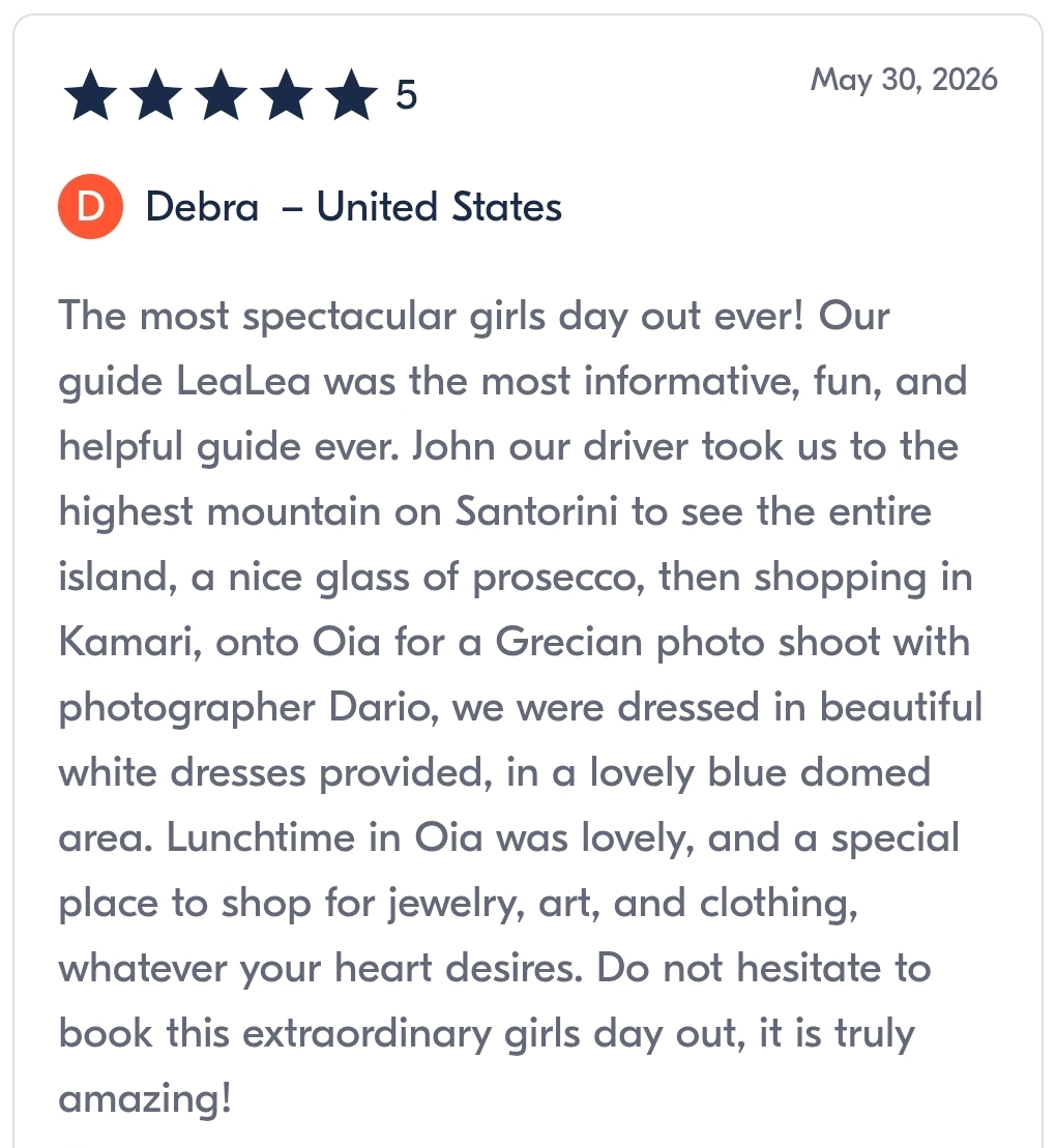 5-star review by a guest named Debra who did Santorini Experts' women-only tour