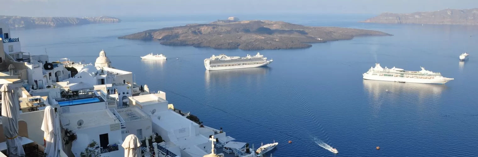 Panoramic view of cruise ships and the Aegean sea