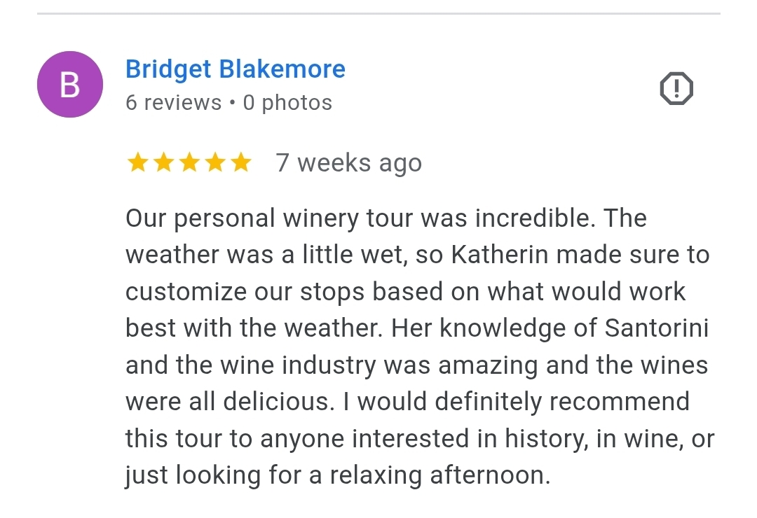 5-star review by a traveler named Bridget who enjoyed her private wine tasting with Santorini Experts