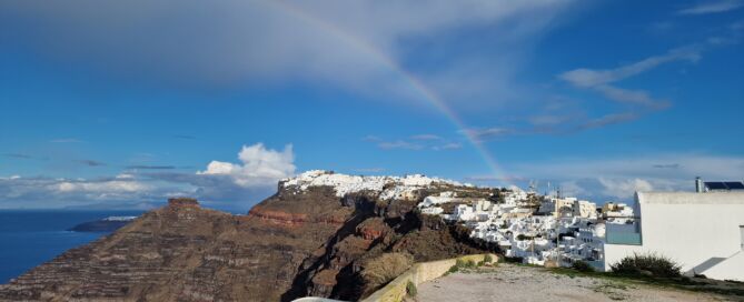 Rainbow over the caldera in Santorini in February