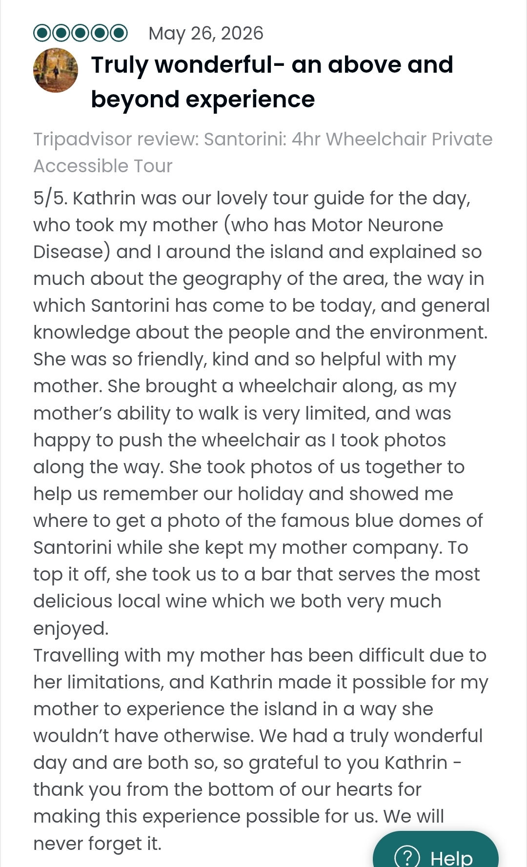 5-star Tripadvisor review of Santorini Experts' wheelchair accessible tour