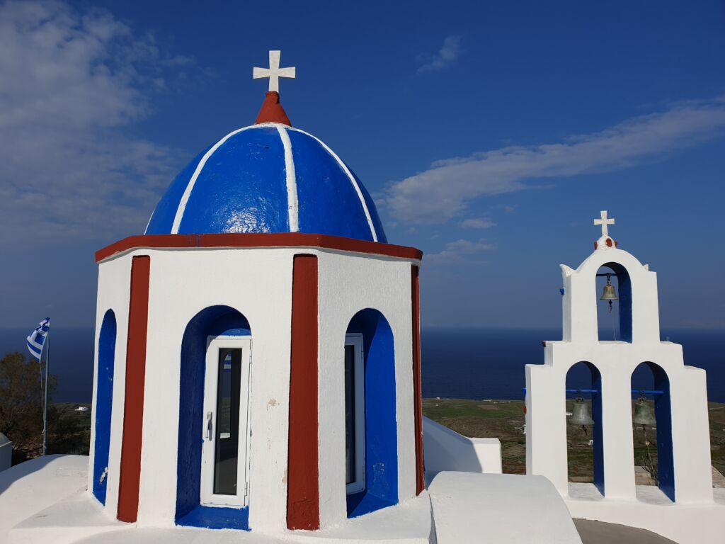 A blue-domed church in Thirassia 